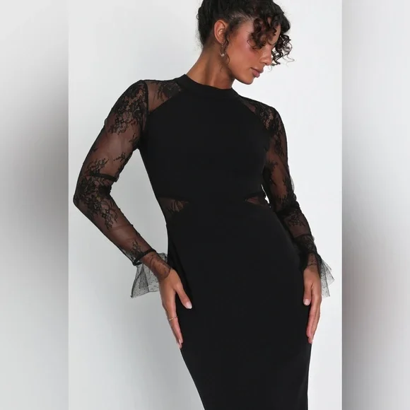 New Lulus Bragging Rights Black Lace Long Sleeve Column Maxi Dress Size Small - Picture 3 of 4